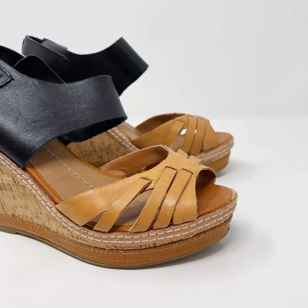 DV by Dolce Vita Womens 7.5 Honey Tan Black Jaslyn Wedge Heel Sandal Cork Buckle